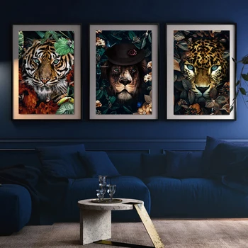 Drobės Tapybos sienos meno Liūtas plakatas Tigras, Dramblys Briedžių Orangutan Gyvūnui, gėlės nuotrauką Šiuolaikinė Klasikinė Dekoratyvinis Dažymas