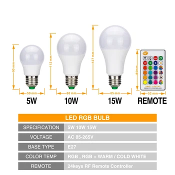 E27 Protingas Kontrolės Pritemdomi LED RGB Šviesos 5W 10W 15W 110V, 220V LED Lemputė Spalvinga Keitimas Lempa Namų Dekoro Patalpų Apšvietimas Lampada