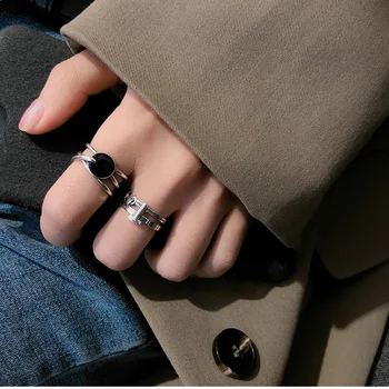 Elipsės 925 sterlingas sidabro žiedai moterims keičiamo dydžio rankų darbo juodas cirkonis bague femme argent 925 accesorios fine jewelry