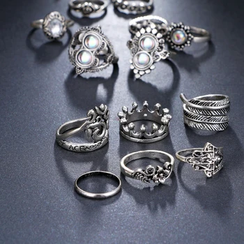 FAMSHIN 14 Dizainas, Vintage Karūna Crystal Žiedų Rinkinys Moterims BOHO Opal Kristalų Midi Piršto Žiedą 2019 metų Moteris Bohemijos Papuošalai Naujas