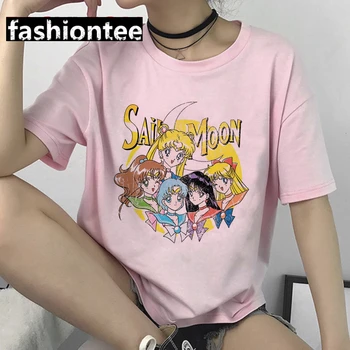 FIXSYS Sailor Moon Harajuku Kawaii Rausvos spalvos Marškinėliai Moterims Mielas Anime Juokingas Animacinių filmų T-shirt Ullzang 90s Marškinėlius korėjos Stiliaus Viršaus Tees