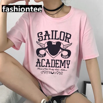 FIXSYS Sailor Moon Harajuku Kawaii Rausvos spalvos Marškinėliai Moterims Mielas Anime Juokingas Animacinių filmų T-shirt Ullzang 90s Marškinėlius korėjos Stiliaus Viršaus Tees