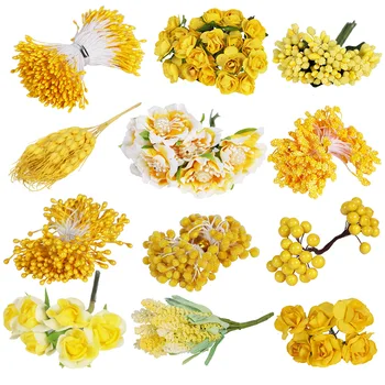 Geltonos spalvos Dirbtinės Gėlės, Vaisių Vyšnių Stamen Uogos Pluoštas 