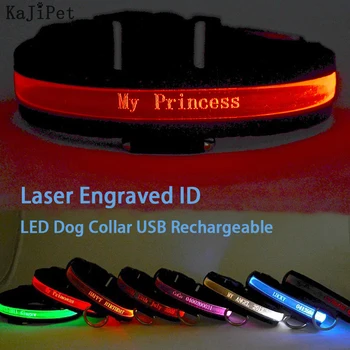 Graviruotas ID LED Šunų Antkaklis Šviesos USB Užsakymą Dog Tag Asmeninį Nailono Naminių Šunų Antkaklis Led USB Šviesos Naktį Saugos Apykaklės Perro