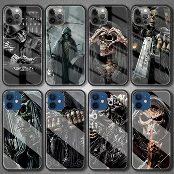 Grim Reaper Kaukolė Prabanga Atveju iPhone, 12 Mini Pro 11 XS Max X XR SE 7 8 6 6S Plus 11 12 Pro Max Grūdinto Stiklo Dangtis