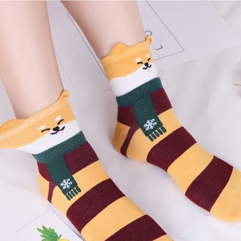 Gyvūnų spausdinti šuo dryžuotas animacinių filmų kojinės kawaii mados calcetines šilta moteris korėjos harajuku stilius juokingas mielas moterų žiemos kojinių