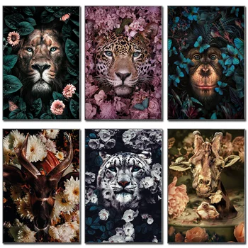 Gėlių Gyvūnų Liūtas, Tigras Elnias Leopard Abstrakčios Drobės Tapybos Sienos Menas Šiaurės Spausdinti Plakato Dekoratyvinis Nuotrauką Kambarį Dekoro