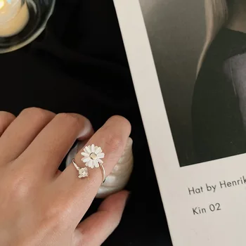 Hangzhi 2020 Naujas Korėja Derliaus Spalvinga Balta Daisy Gėlių Cirkonis Sidabro Padengtą Susukti Reguliuojamas Atidaryti Žiedai Moterų Papuošalai