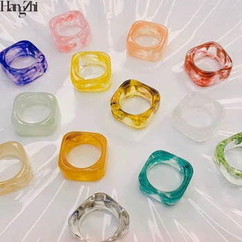 HangZhi 2020 Naujų korėjos Prašmatnus Candy Spalva, Tekstūra skaidraus Akrilo Acetatas Geometrinis Round Square Ring Moterų, Mergaičių Papuošalai