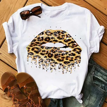 Harajuku T-shirt Maycaur Mados Leopard Lūpų Atspausdinta Marškinėliai Moterims Vasaros trumpomis Rankovėmis Lūpų Balta Tees Marškinėliai korėjos Gatvės Viršūnės