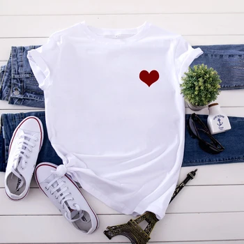 Harajuku Širdies Spausdinimo T-shirt Moterims, Streetwear 0-kaklo Viršūnes Moterų marškinėliai vasaros 90s Negabaritinių trumpomis Rankovėmis Moteriška T-shirt