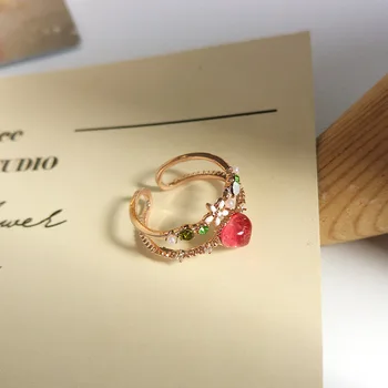 Japonijos Korėjiečių Rose Aukso Apkalos Žiedas Inkrustacijos Crystal Resin Širdies Žiedas Pink Gėlių Moterų Papuošalai Mergina Studentų Papuošalai Dovana
