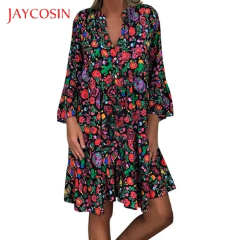 JAYCOSIN 5XL Suknelė moterų Plius Dydis vasaros suknelės Prarasti Print Long Sleeve V-Apykaklės Mygtuką Paplūdimio Mini Suknelė vintage vestidos 723