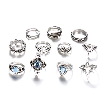 Jewdy boho žiedai, sidabro spalva crystal midi žiedų rinkinys Karka papuošalai 10vnt/daug lapų Geometrinis Čigonų Žiedų Rinkinys