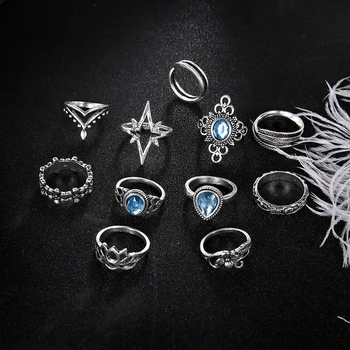 Jewdy boho žiedai, sidabro spalva crystal midi žiedų rinkinys Karka papuošalai 10vnt/daug lapų Geometrinis Čigonų Žiedų Rinkinys