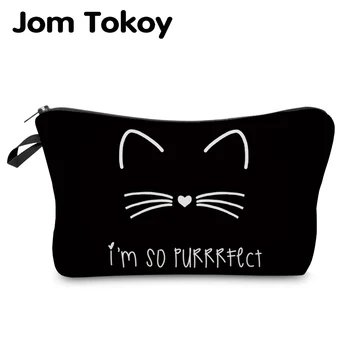 Jom Tokoy kosmetikos užrašinė maišelyje Gryna juoda Cute kačių spaudinių Kosmetikos Krepšys Moterų Mados Prekės ženklas makiažas maišelį