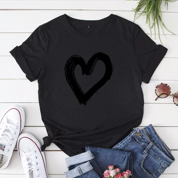 Juodos spalvos Medvilniniai marškinėliai Moterų Harajuku Širdies Spauda 