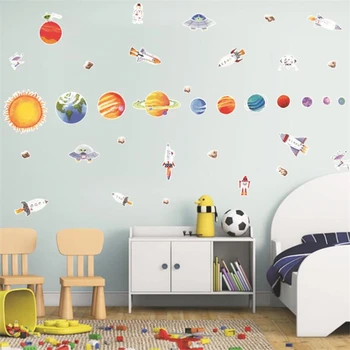 Karikatūros Kosmoso planetos sienų lipdukai vaikų kambario, grafiti, durų lipdukai kambarį miegamojo sienos apdaila dailės freskos