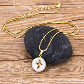 Klasikinis Vario CZ Cross Natūralių Gėlavandenių Perlų Vėrinį Aukso Nuorodą Grandinės Pakabukas Choker Moterų, Religinės Papuošalai