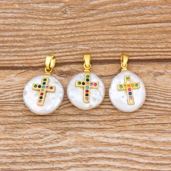 Klasikinis Vario CZ Cross Natūralių Gėlavandenių Perlų Vėrinį Aukso Nuorodą Grandinės Pakabukas Choker Moterų, Religinės Papuošalai