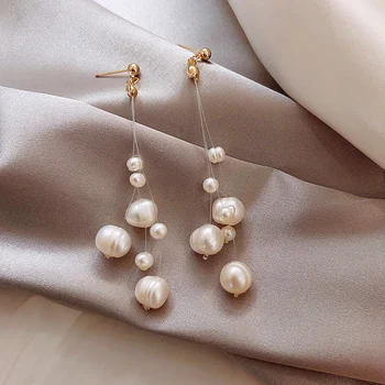Korėjos karšto pardavimui, bižuterijos, rankų darbo string gėlavandenių perlų auskarai ilgi auskarai su kutais moterims