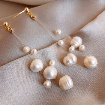 Korėjos karšto pardavimui, bižuterijos, rankų darbo string gėlavandenių perlų auskarai ilgi auskarai su kutais moterims