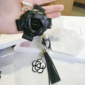 Korėjos Madinga Odos Maišas Camellia Keychain Ilgai Kutas Automobilių Pakabos, Gėlių Key Chain cc Elementas Papuošalų Kabykla
