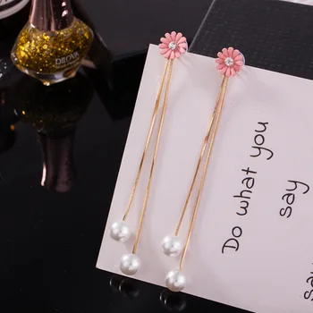 Korėjos Mados Moteriška Rožinė Daisy Gėlių Auskarai Imituojamas Pearl Kutas Ilgas Pakabukas Ausų Papuošalai Paprasta Atgal Kabinti Brincos