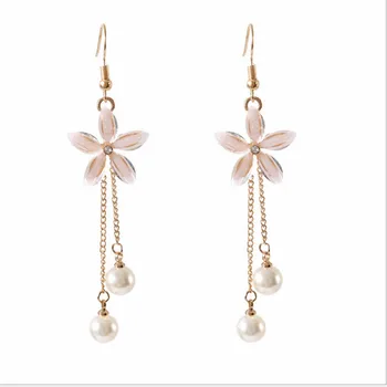 Korėjos naują skaidrų krištolo penkių lapų gėlių modeliavimas pearl kutas metalo grandinės ilgio auskarai tinka moterims, papuošalai, dovanos