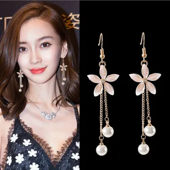 Korėjos naują skaidrų krištolo penkių lapų gėlių modeliavimas pearl kutas metalo grandinės ilgio auskarai tinka moterims, papuošalai, dovanos