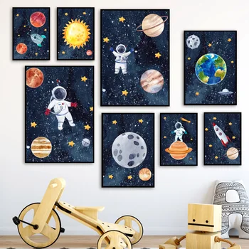 Kosmoso Astronautas Raketų Planetos Mėnulis Saulės Sienos Menas Spausdinti Paveikslai Tapyba Šiaurės Plakatas Vaikų Darželio Sienos Nuotraukas Kūdikių Vaikai Kambario Dekoro