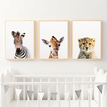 Kūdikių Gyvūnų Zebra Liūtas, Dramblys Drobės Plakatas Vaikų Darželio Sienos Menas Spausdinti Minimalistinę Tapybos Šiaurės Vaikas Miegamojo Puošmena Nuotrauką
