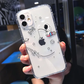Kūrybos Astronautas atsparus smūgiams Telefono dėklas skirtas IPhone 11 Pro Max X XR XS Max 7 8 Plus SE 2020 Mielas Animacinių filmų Juokinga Funda Skaidrus