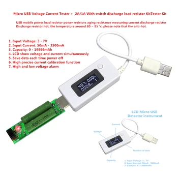 LCD Micro USB Įkroviklis Baterijos Talpa Įtampa Srovės Testeris, Matuoklis Detektorius Juoda/Balta Spalva + Apkrovos Rezistorius 2A/1A Su Jungikliu