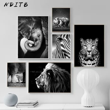 Leopardas, Liūtas, Dramblys Kūrinys Sienos Nuotrauka Juoda Balta Gyvūnų Drobė Meno, Plakato ir Spausdinimo Šiaurės Tapybos Šiuolaikinio Namų Puošybai