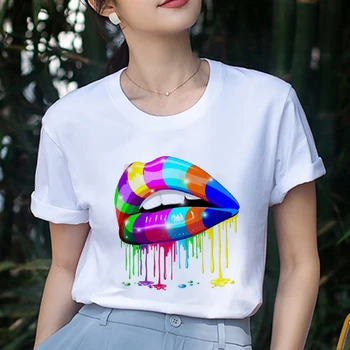 Madinga Moterų, O Kaklo trumpomis Rankovėmis Marškinėlius Harajuku grožio Seksualus lūpų spausdinimo T-shirt Laisvalaikio korėjos stiliaus viršūnės baltos spalvos marškinėliai moteriška