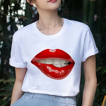 Madinga Moterų, O Kaklo trumpomis Rankovėmis Marškinėlius Harajuku grožio Seksualus lūpų spausdinimo T-shirt Laisvalaikio korėjos stiliaus viršūnės baltos spalvos marškinėliai moteriška
