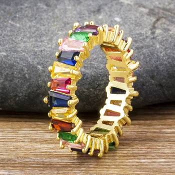 Mados Bohemijos Plonų Batono Vario CZ Aukso Rainbow Ring Moterų Žavesio Žiedai Cirkonis Juvelyriniai dirbiniai Moterims, Dovanos Vestuvių Metinėms