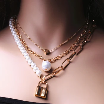 Mados Grandinės Perlų Vėrinį Moterų Baroko Perlas Užraktas Širdies, Žavesio, Pakabučiai, Karoliai Choker Grandinės Aukso, Sidabro Spalvų Papuošalai