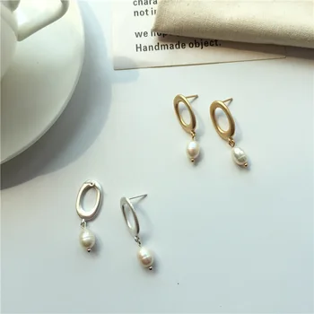 Mados Metalo geometrijos auskarai moterų Gėlo vandens perlai stud auskarai Madinga natūralių gėlavandenių perlų auskarai moterims