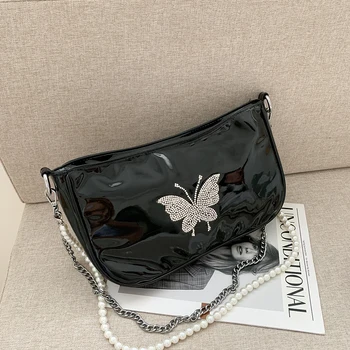 Mados moterų maišas pearl patentų mažas užtrauktukas mergina messenger pečių maišą grandinės moterų derliaus Peties Crossbody krepšys