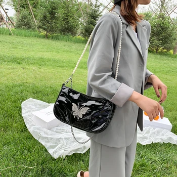 Mados moterų maišas pearl patentų mažas užtrauktukas mergina messenger pečių maišą grandinės moterų derliaus Peties Crossbody krepšys