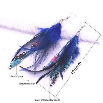 Mados mėlyna plunksnų auskarai bohemijos natūralių plunksnų kristalų minkštas keraminiai karoliukai ponios auskarai & ausų kabliukų, šaliai, papuošalai, dovana