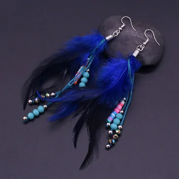 Mados mėlyna plunksnų auskarai bohemijos natūralių plunksnų kristalų minkštas keraminiai karoliukai ponios auskarai & ausų kabliukų, šaliai, papuošalai, dovana