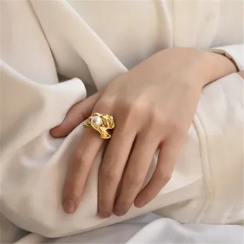 Mados Perlų, rafinuotas perdėti žiedas, geometrija, aukso, metalo, dantytas moterų žiedą, mergina, šaliai, aksesuarai, dovana 2019