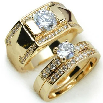 Mados Prabangių Aukso Spalva Spindinčios Visą Cirkonis Pora Sužadėtuvių Žiedai Rinkinys
