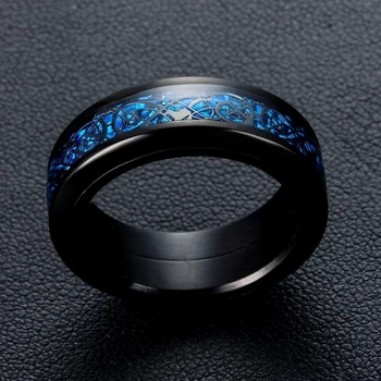 Mados Vyras Žiedas 8MM Mėlyna Anglies Pluošto Dragon Dizaino Juodos spalvos Nerūdijančio Plieno Žiedai Vyrams, Aksesuarai, Papuošalai Vestuvių Juostoje Žiedas