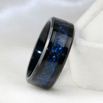 Mados Vyras Žiedas 8MM Mėlyna Anglies Pluošto Dragon Dizaino Juodos spalvos Nerūdijančio Plieno Žiedai Vyrams, Aksesuarai, Papuošalai Vestuvių Juostoje Žiedas