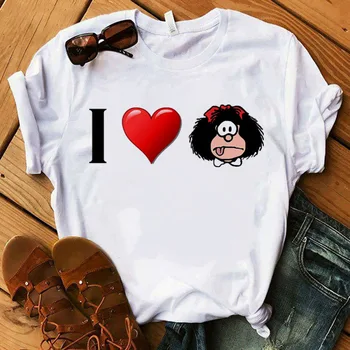 Mafalda T-shirt Moterims, Vasaros harajuku atsitiktiniai trumpomis rankovėmis marškinėliai Streetwear O Kaklas Baltas Viršūnes Trišakis 90-ųjų Top marškinėlius Femme