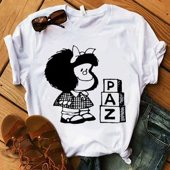 Mafalda T-shirt Moterims, Vasaros harajuku atsitiktiniai trumpomis rankovėmis marškinėliai Streetwear O Kaklas Baltas Viršūnes Trišakis 90-ųjų Top marškinėlius Femme